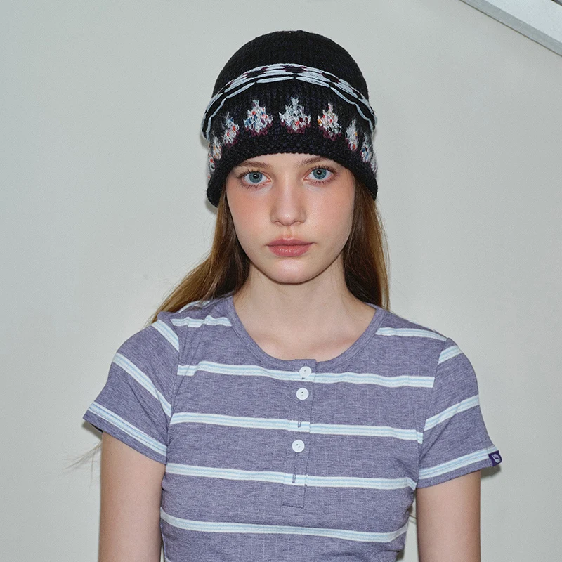 Natural Slouchy Knit Hat Navy Blue Geometric Jacquard Cuffed Beanie Hat Artistic Textured Winter Aran Beanie Skull Hat For Women 3