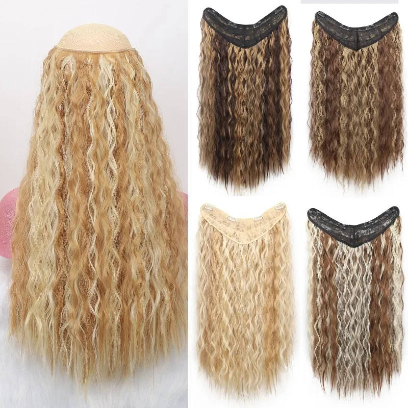 Woman One Piece Wool Perm Hair Patch Concert Headwear Match V Shaped Half Head Cover Curling Iron Bar Lady Gradient Hairpiece