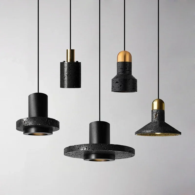 

High-end black travertine cement terrazzo pendant light industrial wind post-modern personality hat light