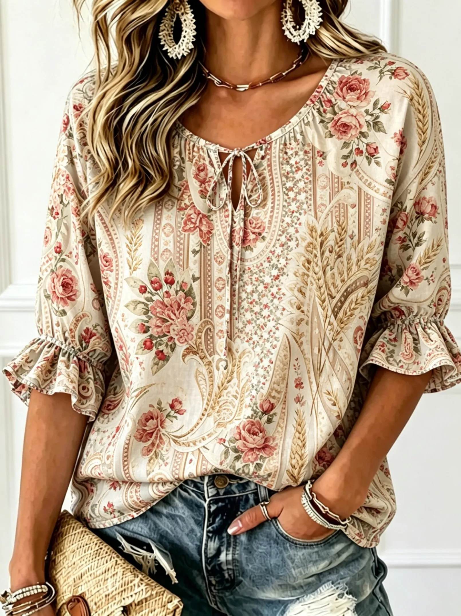 

Women's Tie Keyhole Neck Blouse, Off White Vintage Rose Wheat Paisley Mixed Print, Loose Fit for Spring Summer Daily Outfits