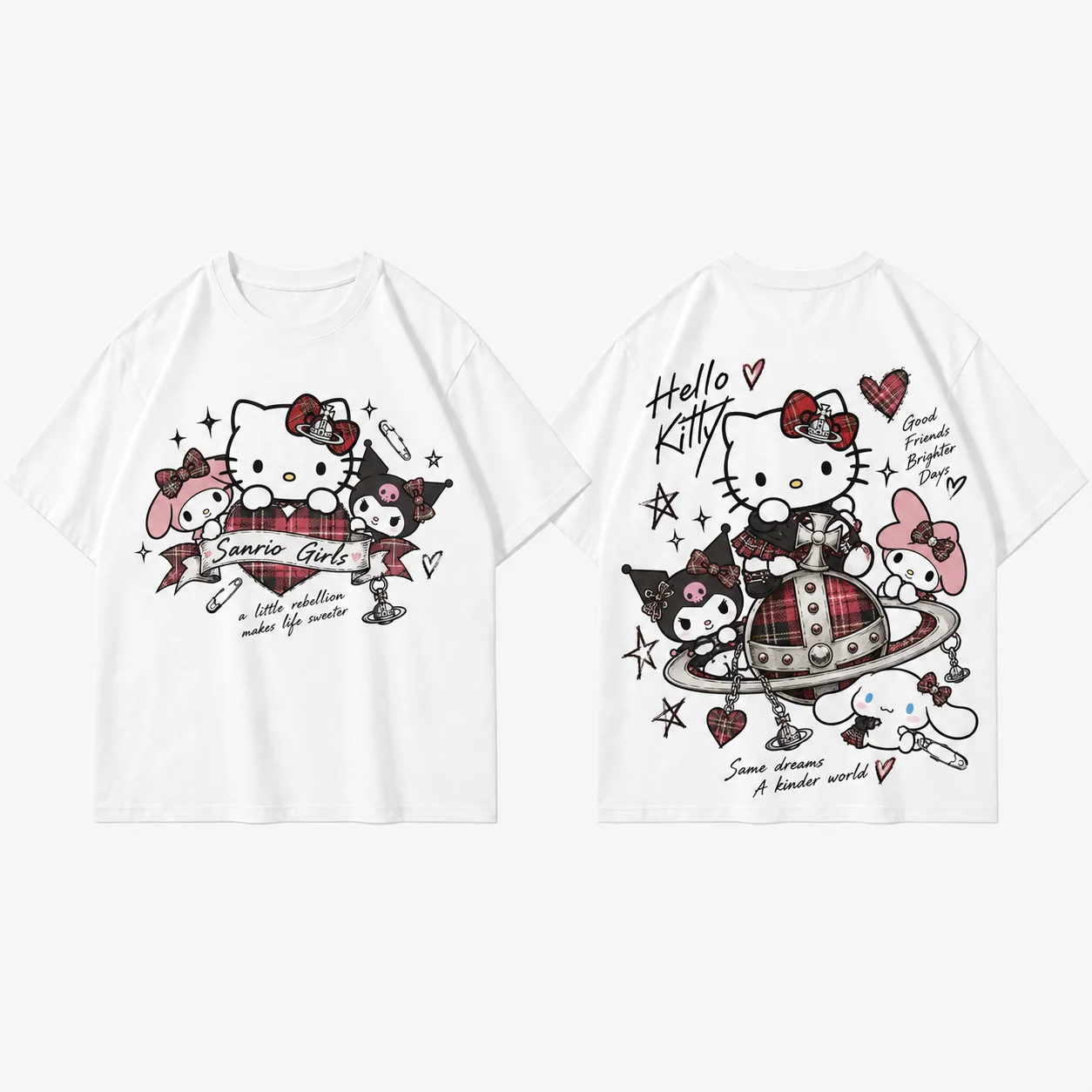 Sanrio Hello Kitty Good Friends Parent Child Graffiti Print T Shirt Men's Women's White Kawaii Cute Streetwear Short Sleeve Top