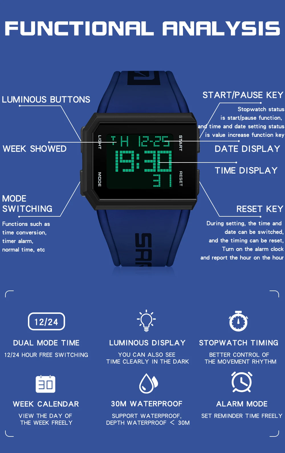 SANDA 9003 Fashion Student Electronic Digital Watch Sports Multi functional Waterproof LED Male and Female Electronic Watch