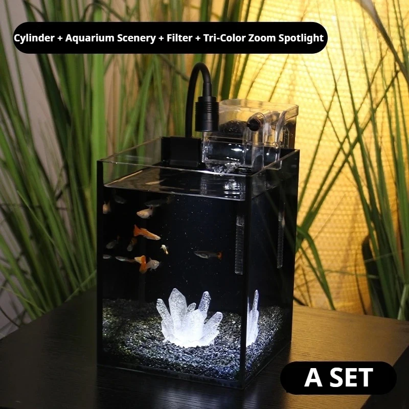 

A set of glass fish tanks, original dark crystal bucket fish tank, fish tank background, tank, filter, tri color zoom light