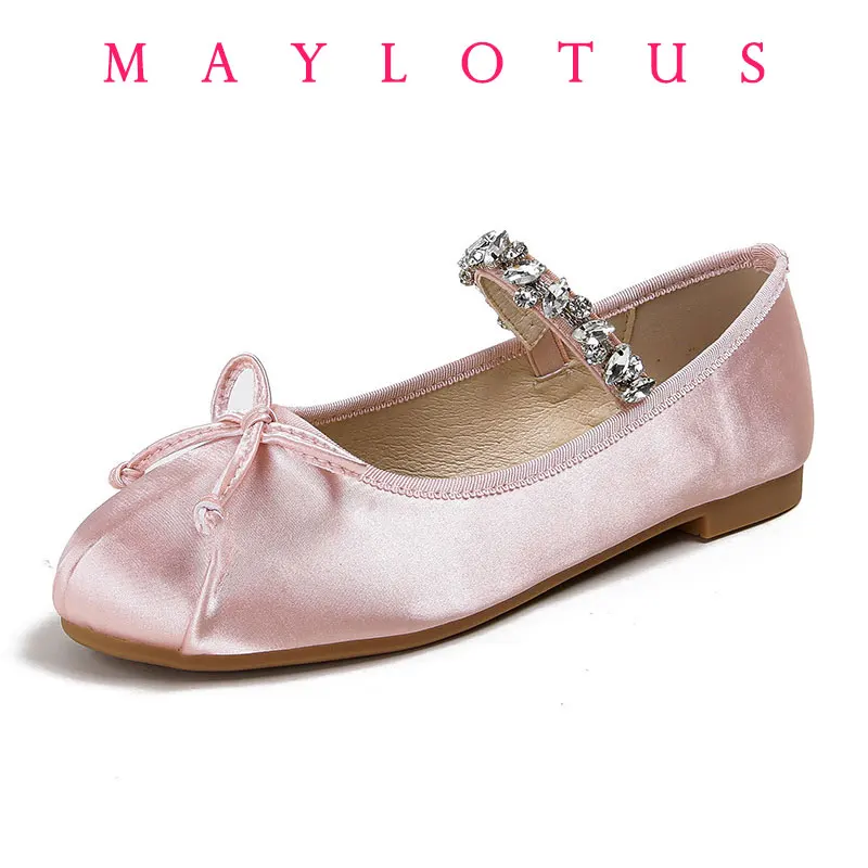 

Rhinestone Mary Janes Woman Bowtie Satin Ballets Shoes Round Toe Flats Female Loafers Wedding Brides Shoes Butterfly-Knot
