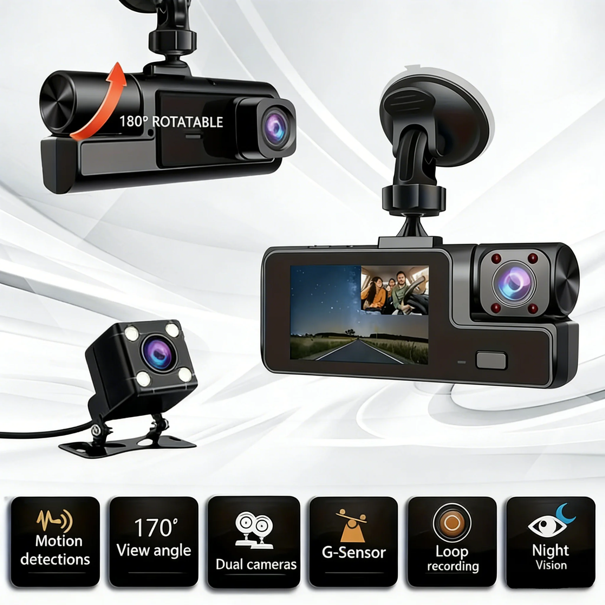 3-lens dash cam with high-definition 1080P, night vision, front, interior and rear recording, mobile phone connection, no card r