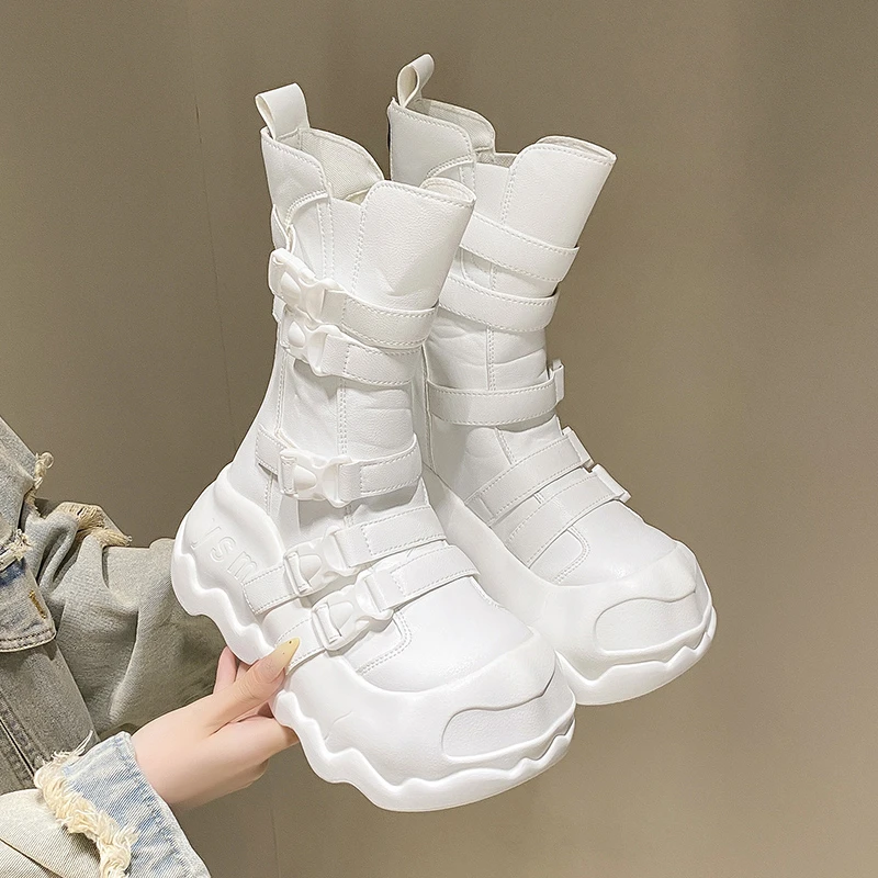 

8CM Leather Spring Platform Buckle Wedge Flats Women 2025 Autumn British Motorcycle Fashion ZIP Ankle Boots White Ladies Shoes