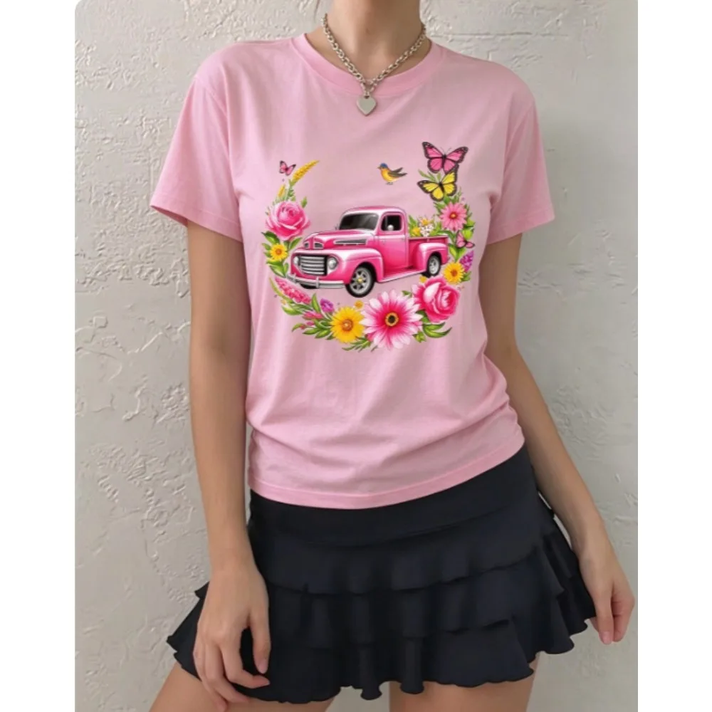 Pink Vintage Truck Floral Butterfly Graphic T Shirt Women Crew Neck Short Sleeve Tee Retro Country Style Casual Daily Top