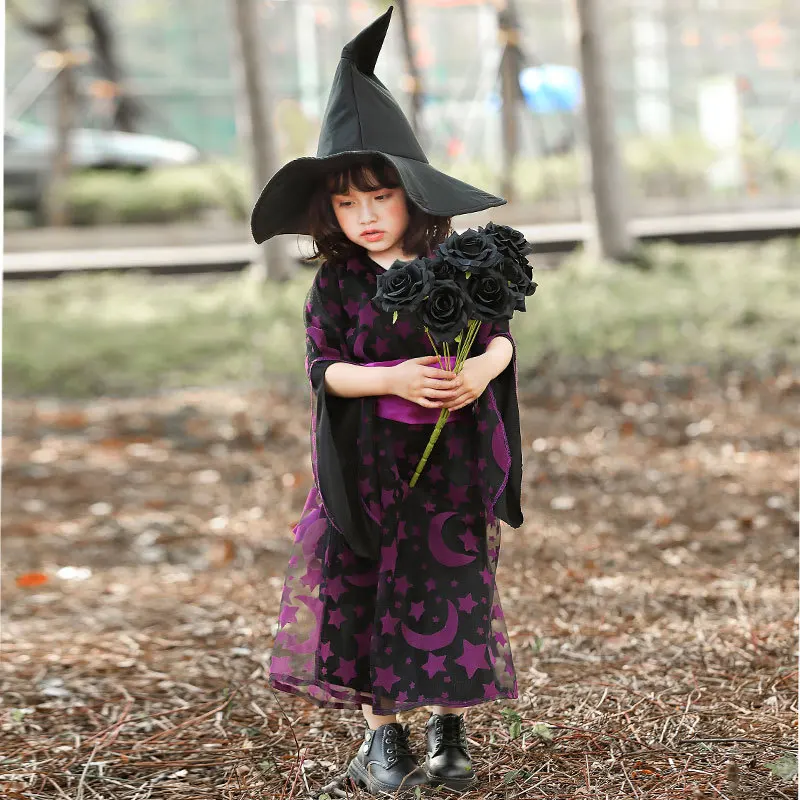 Purple Witch Costume For Children Halloween And Stage Performance Long Dress With Star And Moon Print Color: Purple