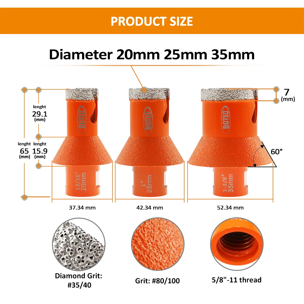 BGTEC 1pc Dia20/25/35mm 5/8-11 Thread Diamond  Drill Core Bits Chamfer Grinding Milling Masonry Granite Drilling Crown Saw Tile