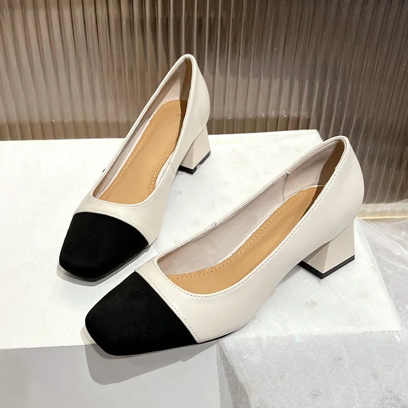 2024 Fashion Women Pumps Square Toe 5CM Square Heel Spring New Shallow Mouth 5cm Middle Heel Paired with A Skirt Women Shoes