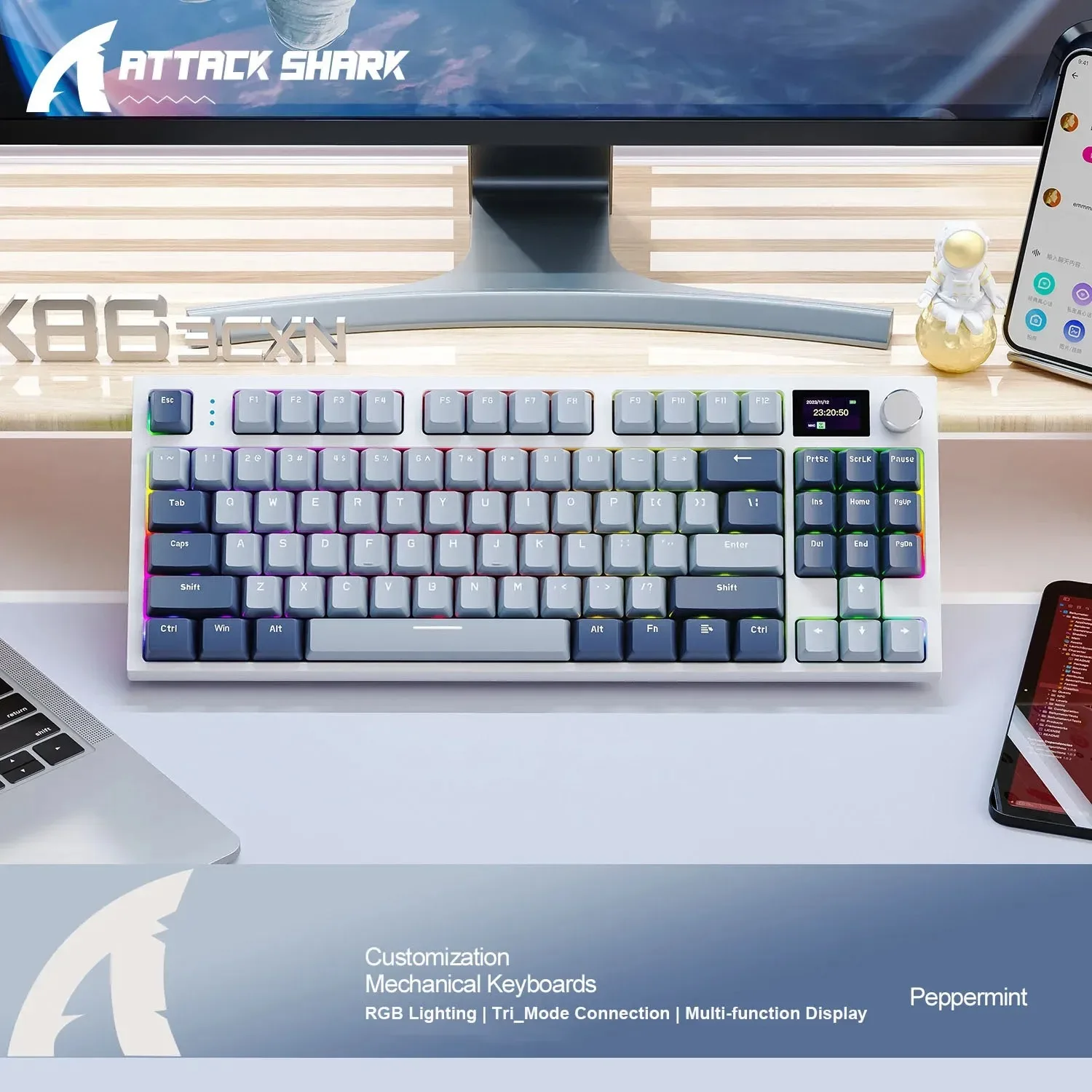 Attack Shark K86 Wireless Mechanical Keyboard, TFT Display, Metal Knob,RGB Backlit, Hot-Swappable, Bluetooth for Gaming & Office