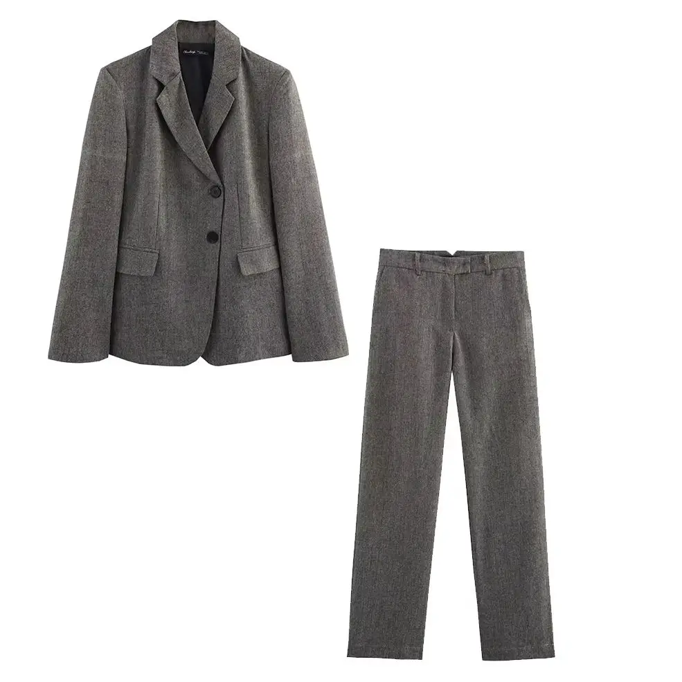 KONDALA Chic 2025 Autumn Women Solid Stripe Suits Double Breasted Blazer+Zipper Pockets Straight Long Pants Female Fashion Sets
