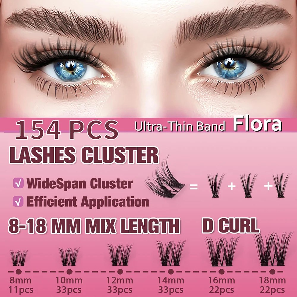 uCoolMe Flora Eyelashes Extension Ultra Thin Band D Curl Natural Wide Span Wispy Lash Clusters False Lashes Bundles Makeup Tools