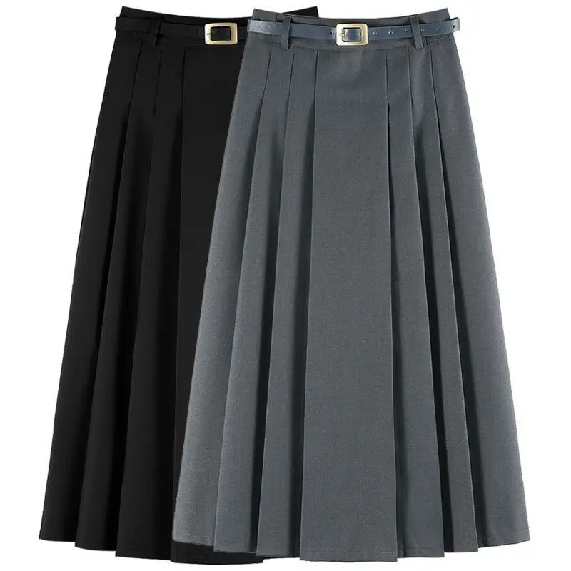 Gray Suit Style High Waist Casual Leisure Women's Skirt A-Line Midi Skirt Pleated Asymmetrical  Style Spring Autumn