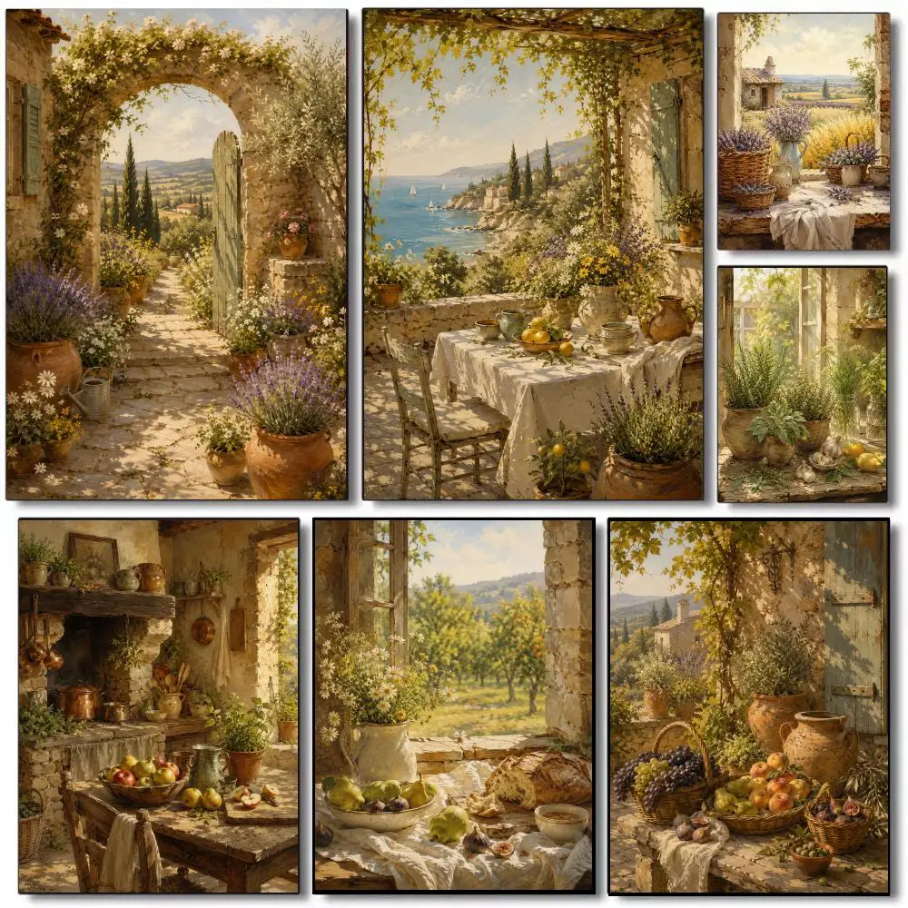 Tuscan French Countryside Landscape Poster Self-adhesive Advanced Aesthetic Printing Paper Wall Art for Living Room Home Decor