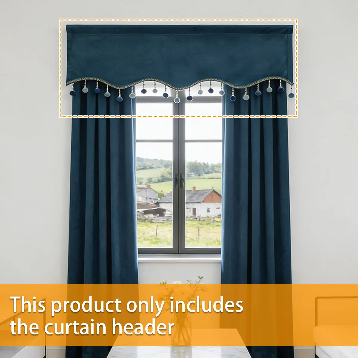 1Pcs Navy Blue Arc Velvet Curtain Valance, Simple Vintage Style, Wavy Lace Ball Fringe Decorative Window Valance for Apartment H