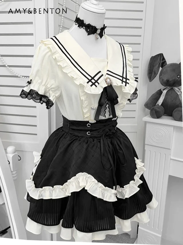 

Original Subculture Mass-produced Mine Suit Japanese Sweet Bow Navy Collar Short-sleeved Shirt High Waist Tutu Skirt Outfits