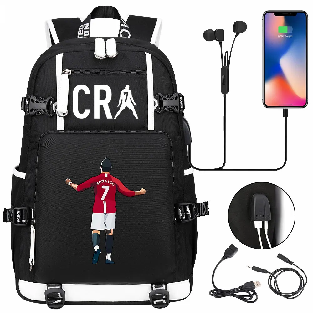 CR7 Backpack USB Charge Black Capacity School Bags For Teens Waterproof Big Travel Laptop Mochilas For Male Female