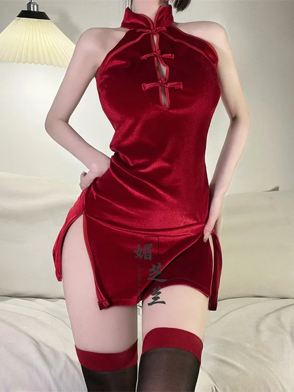 Sexy Underwear Republic Of China Style Velvet Mature Charm Elegant Lace Cheongsam Passion Sexy Side Slit Temptation Dress 6OQS