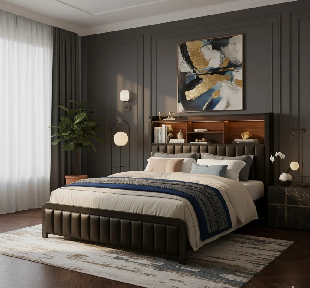 Full Queen Size Metal Bed Frame with Storage Charging Headboard, LED Light