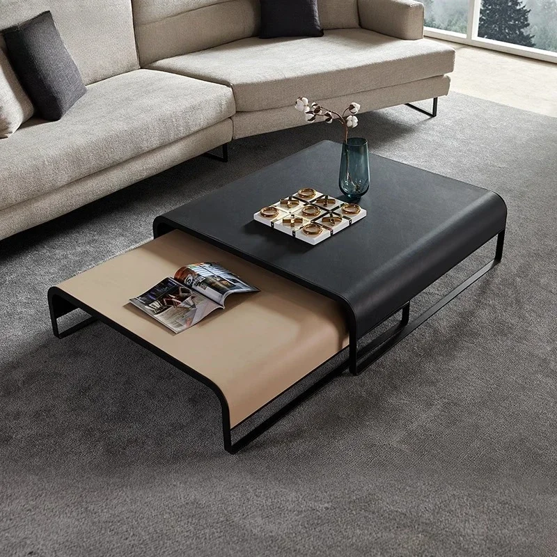 

Home Living Room Furniture Side Table Combination Set Luxury Italian Style Carbon Steel Frame Leather Countertop Coffee Tables