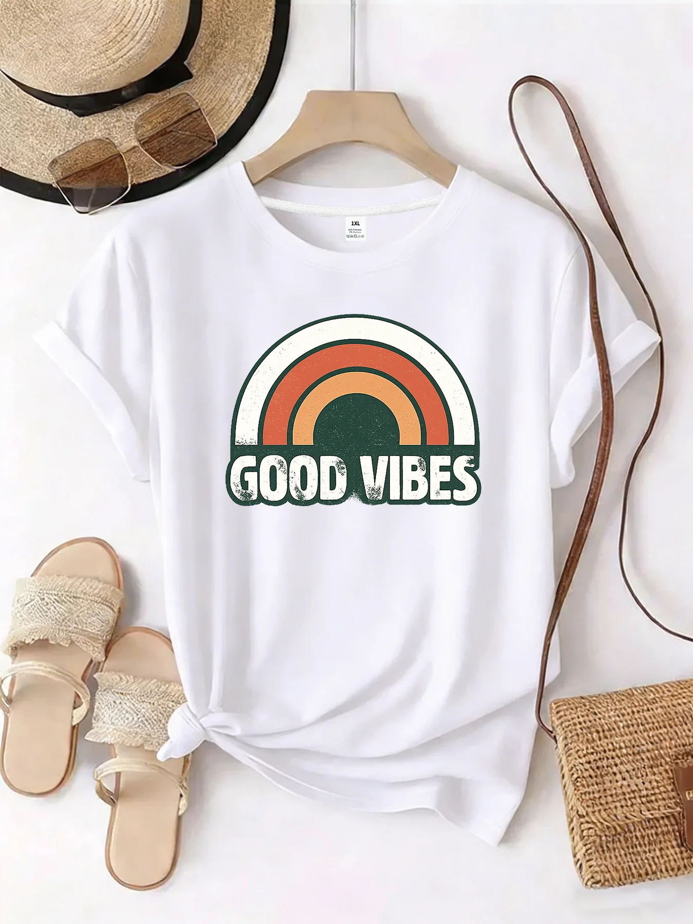 

【WZM101509】Good mood printed plus size women's round neck summer casual short sleeved street fashion versatile plus size T-shirt