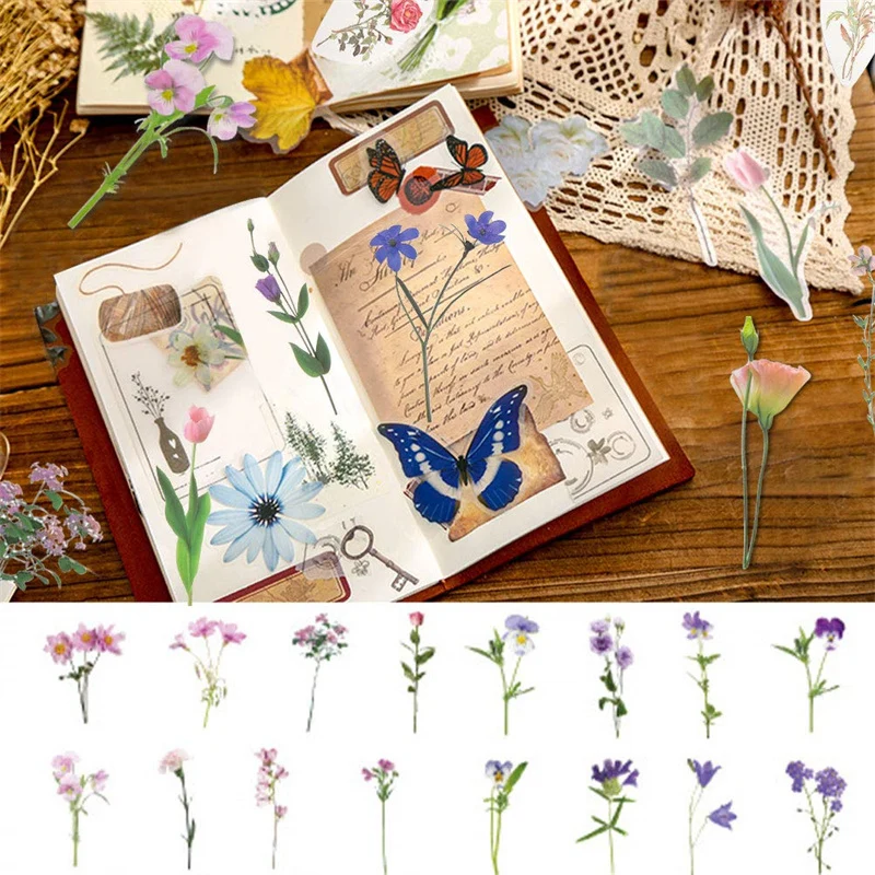 40pcs Flower Stickers Pack Waterproof Transparent PET Tulip Butterfly Stickers DIY Diary Scrapbook and Stamping Album Decorative