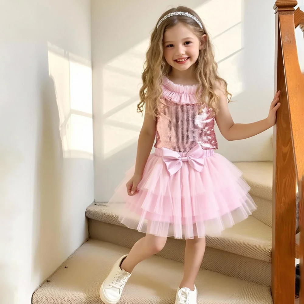 

Girls Tutu Dress Princess Party Dress Pink Sequin Sleeveless Bow Tulle Skirt Kids Birthday Wedding Outfit for Little Girls 3-8Y