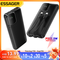 Essager Portable Power Bank 20000mAh with Two Built-in Cables External Battery PD 22.5W Fast Charging For iPhone16 15 Pro Xiaomi