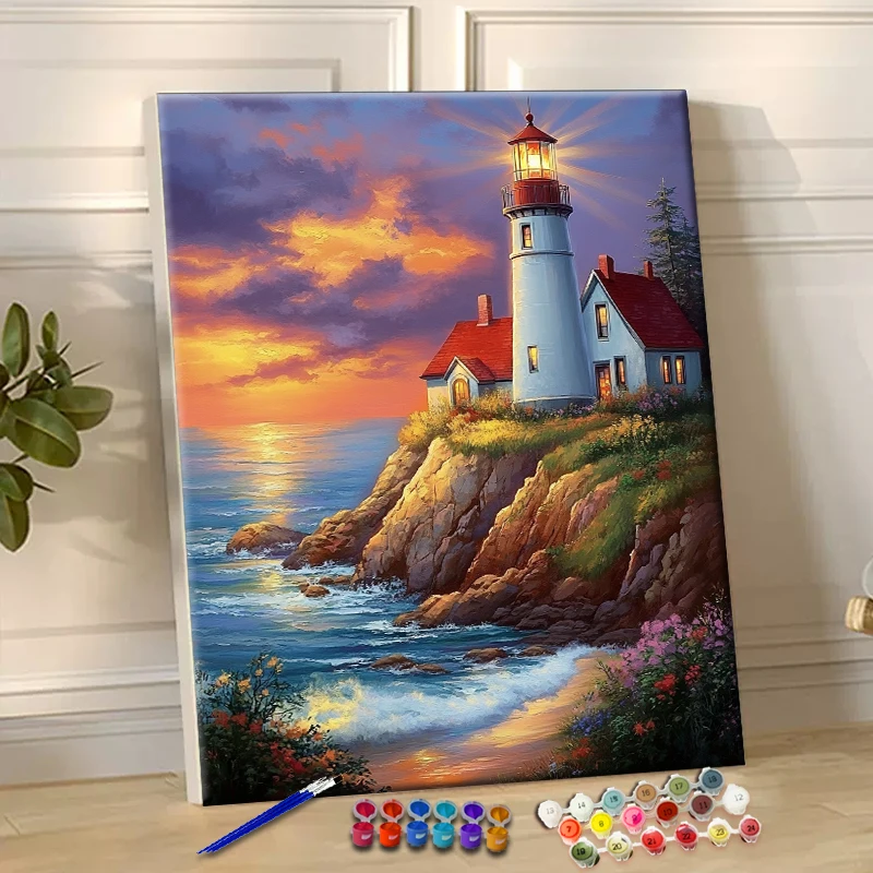 Painting By Numbers Lighthouse Coast  Acrylic Paint Canvas Dropshipping Portrait Family Children Photo Christmas gifts