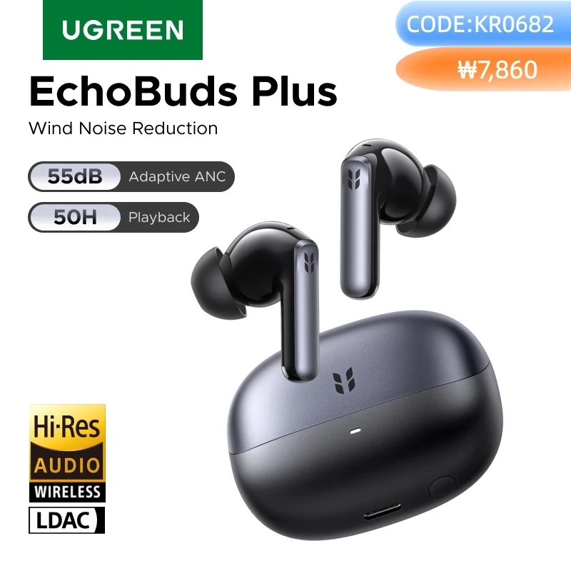 

UGREEN EchoBuds Plus In-Ear Bluetooth Wireless Active Noise Cancelling Earphones 55dB Adaptive ANC, LDAC Headphones