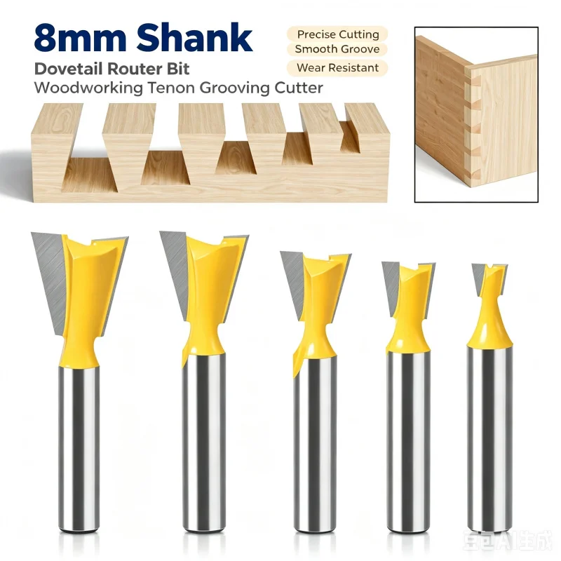 8mm Shank Small Dovetail Router Cutter, Carpenter Grooving Profiling Tool for Panel Interlock & Engraving Works