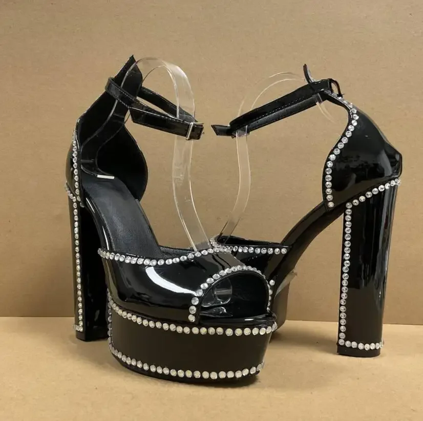 Bling Rhinestone Edge Platform Chunky Heels Sandals Patent Leather High Heel Ankle Strap Peep Toe Crystal Evening Dress Shoes