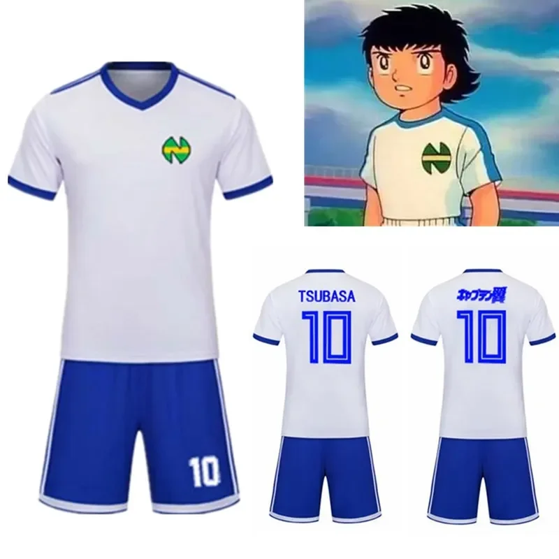 Captain Tsubasa Nankatsu School Football Jersey Sets No.10 Tsubasa Ozora Cosplay White Soccer Top Tee & Blue Shorts