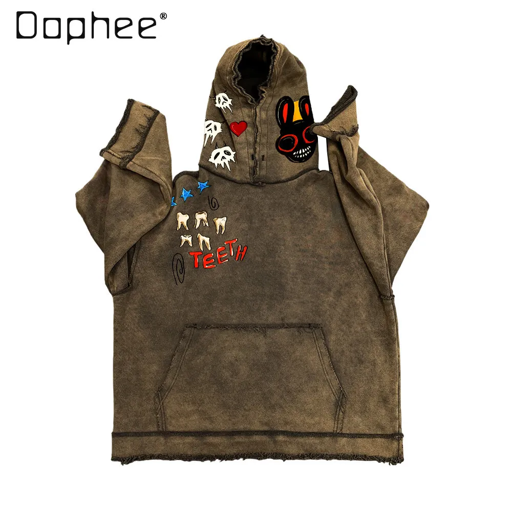 

Весенне-осенний новый винтажный зеленый свитшот с героями мультфильмов в американском уличном стиле, мужская красная повседневная толстовка с капюшоном