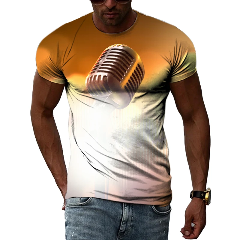 Summer Fashion Music Element Pattern T-shirt Hip-Hop Trend Microphone Printing Tops Casual Novelty Men\'s Short Sleeved Clothing