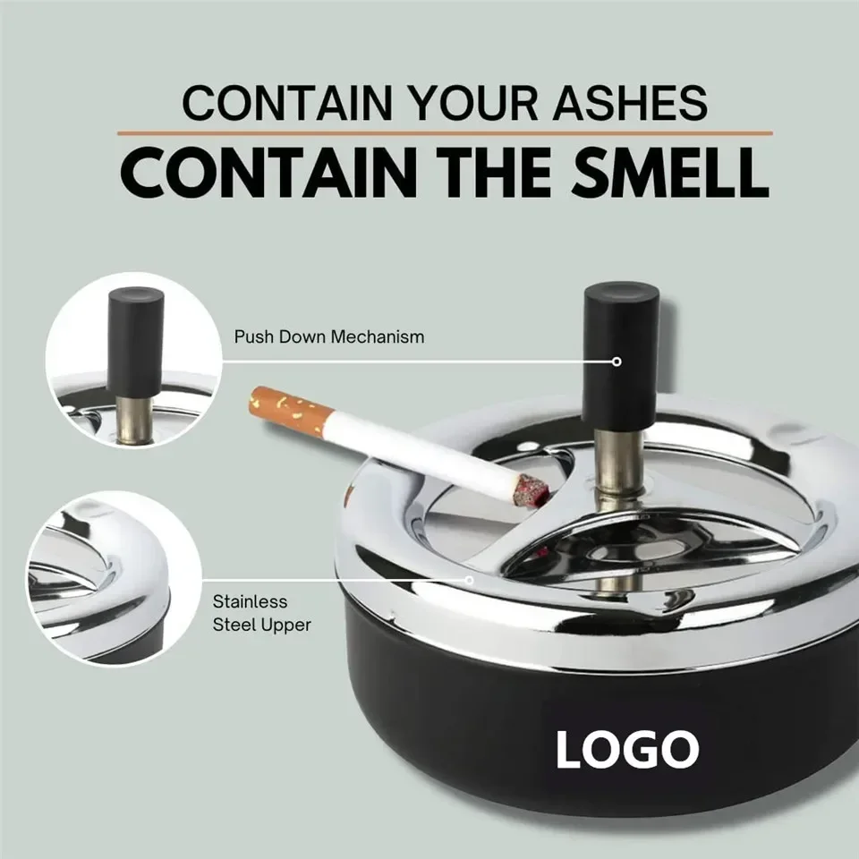 Round Push Down Ashtray with Spinning Tray Metal Cigarette Ash Tray Large 5.2 Inches Home Ashtray for Outside