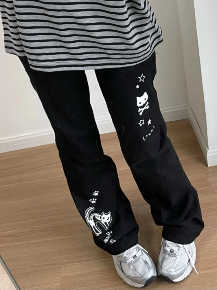 Deeptown Y 2K Harajuku Streetwear Hoge Taille Wijde Pijpen Broek Vrouwen Japanse Kawaii Grunge Cartoon Print Broek Zacht Gilr 2024