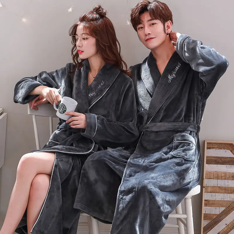 Thickened Warm Flannel Robe Couple Sleepwear Winter Coral Fleece Kimono Bathrobe Gown Nightwear Loose Casual Homewear Loungewear