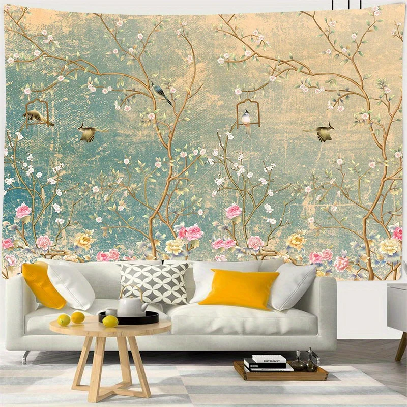 Elegant Oriental Floral and Avian Wall Tapestry for Living Room Decor, Featuring Delicate Blossoms in Full Bloom on