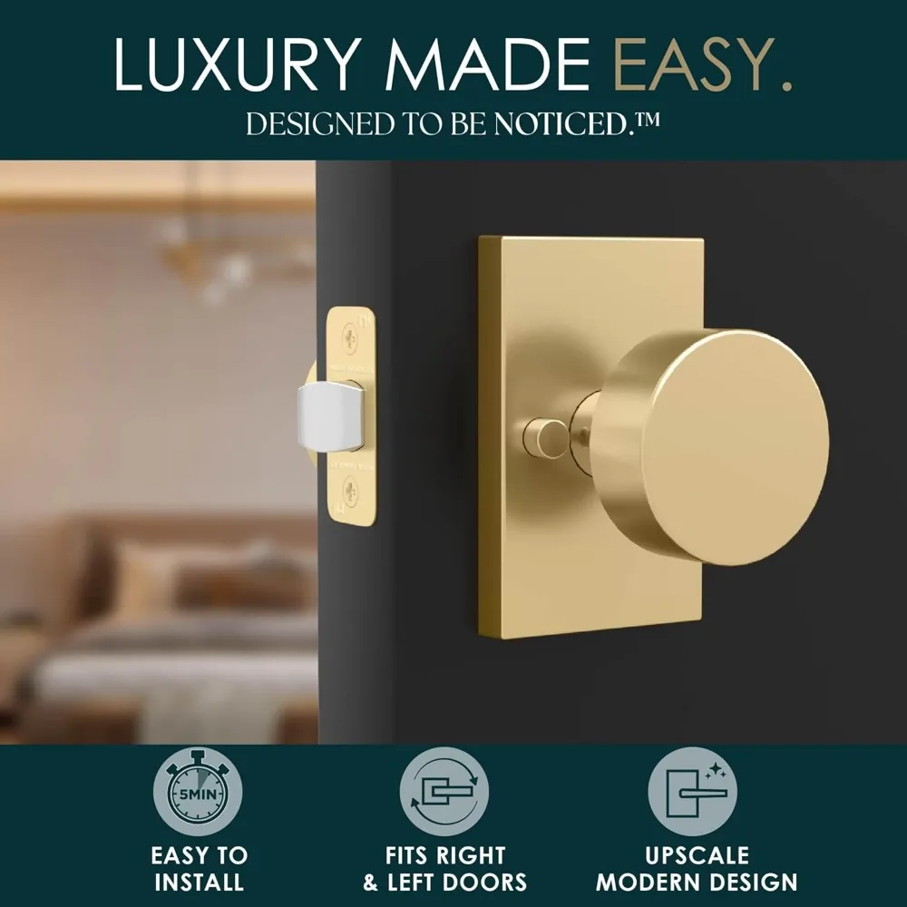 مجموعة مقابض باب داخلية ذهبية قابلة للعكس - مقابض أبواب خصوصية شديدة التحمل للسرير والحمام، عبوة واحدة