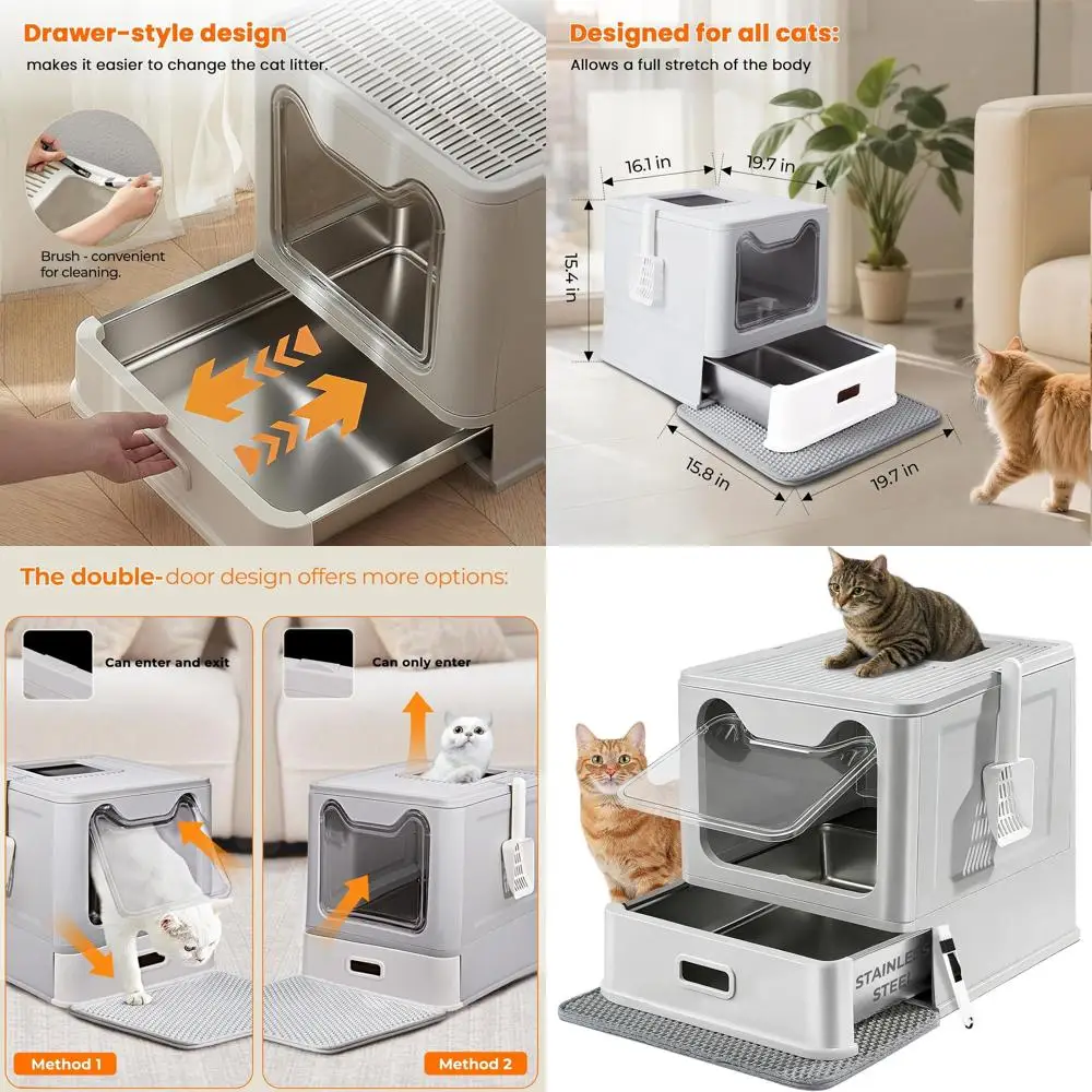

Очень большой лоток для кошек из нержавеющей стали с верхним входом, крышкой, выдвижным ящиком, защитой от протеканий, ковриком и совком для крупных кошек