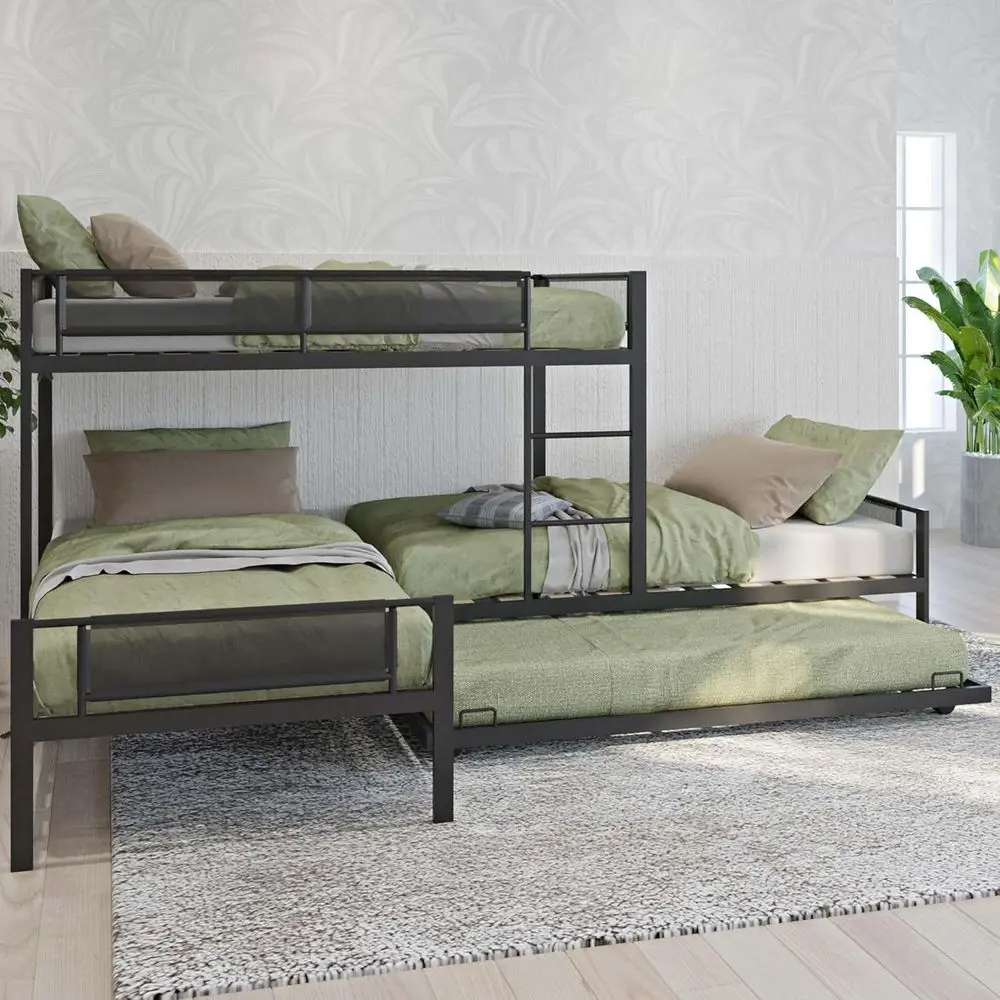 

L-Shaped Triple Bunk Bed with Trundle for Kids, Metal Quad Bunk Beds Twin Over Twin for 4 Kids, 3 Bunkbeds with Ladders & Guardr