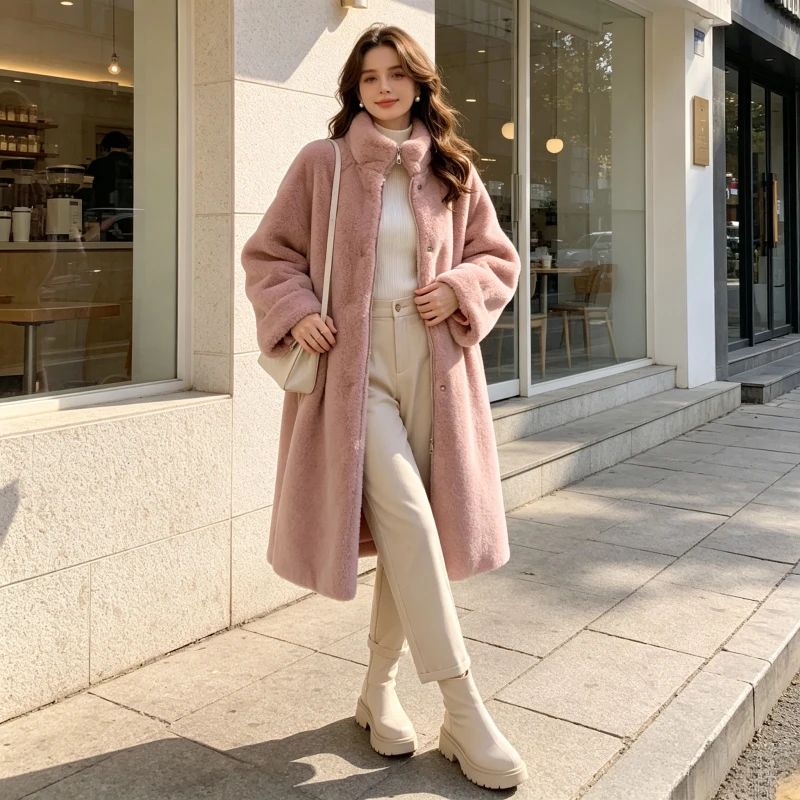 Women Faux Mink Fur Coats Long Fur Jackets Stand Collar Long Sleeve Coverd Button Thick Warm Fur Loose Casual 2026 Autumn Winter