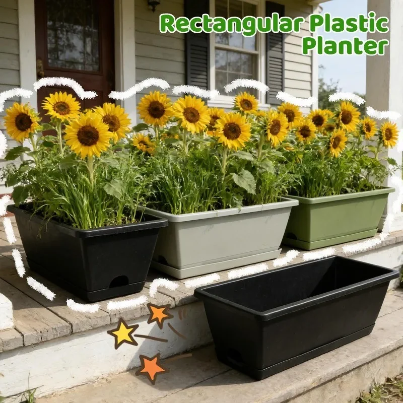 1/3set Window Box Planter Rectangle Plant Containers Decors with Drainage Holes Flower Pot Plant Pot for Outdoor Garden Home