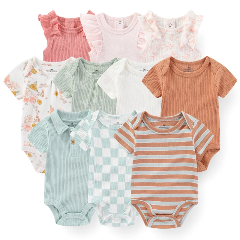 

Newborn Baby Girl Clothes 5Pieces Unisex Bodysuits Cotton Baby Boy Clothes Set Solid Color Summer Print Cartoon Bebes