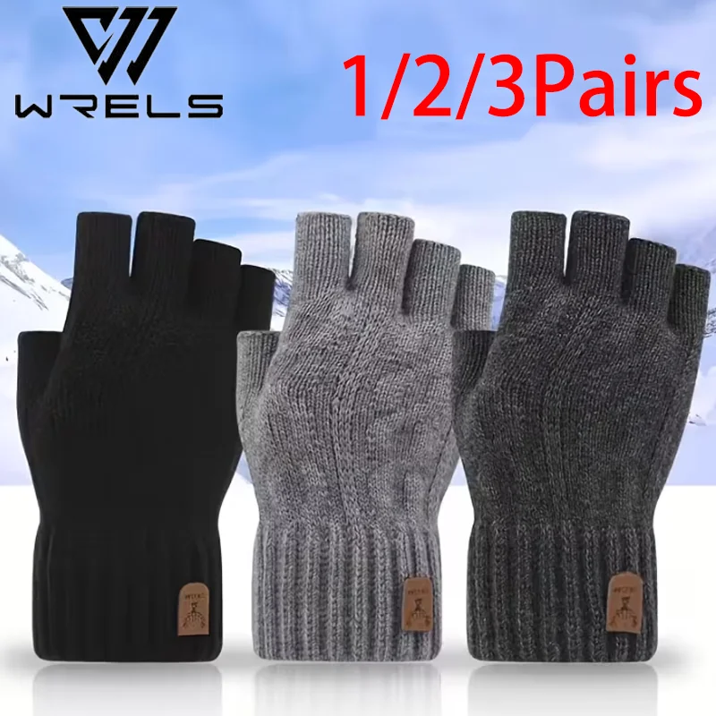 1/2/3Pairs Winter Sport Knitted Gloves Thicken Thermal Fingerless Driving Working Gloves Windproof Touchscreen Cycling Mittens