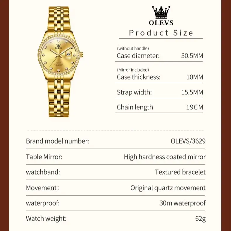 OLEVS 3629 أفضل العلامات التجارية الفاخرة ساعة نسائية كلاسيكية تقويم الأعمال مقاوم للماء ساعة مضيئة أنيقة الماس ساعة كوارتز نسائية