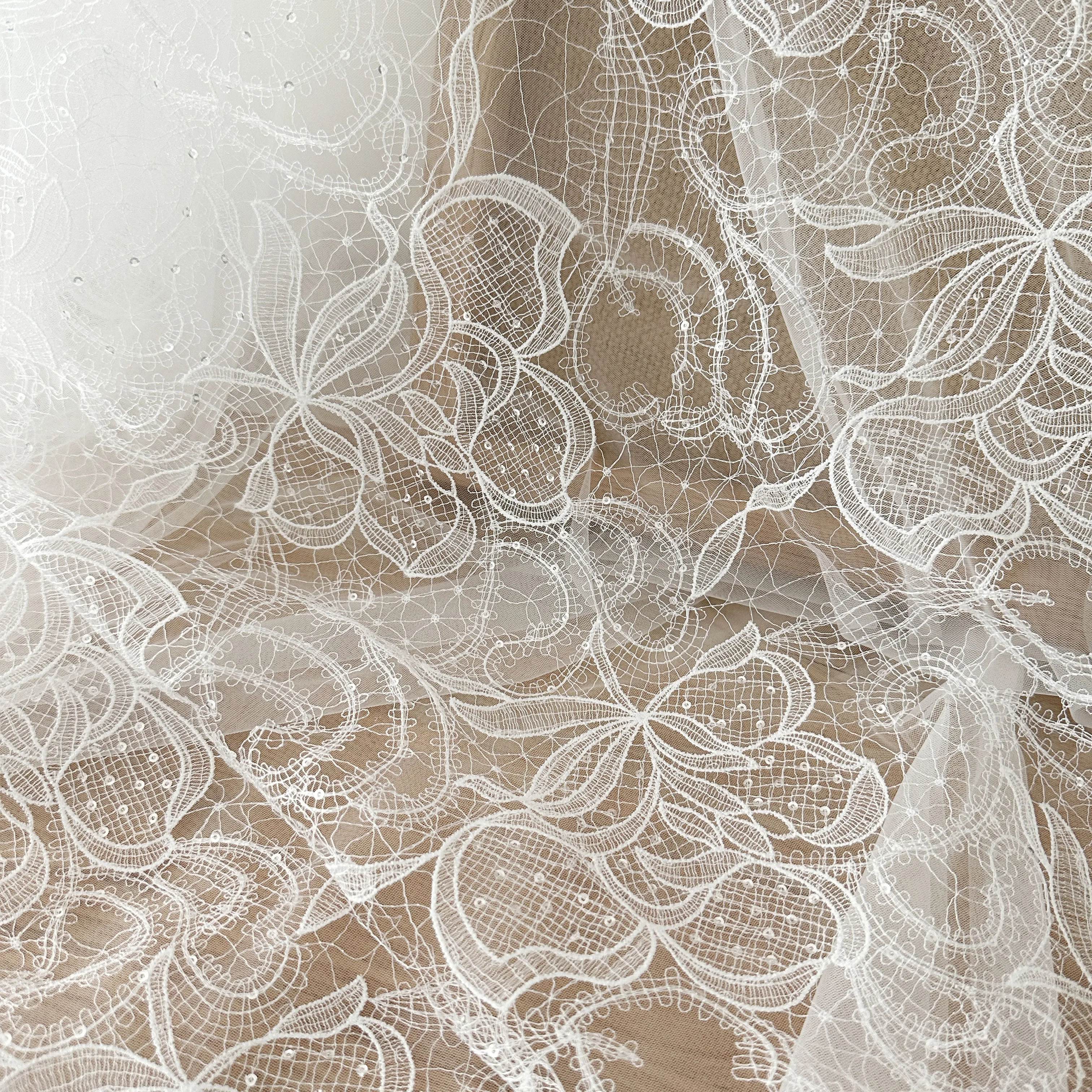 1 Yard Ivory Exquisite Alencon Lace Fabric with Sequins Crochet Floral Embroidery Fabric for Wedding Gown, Lace Caps