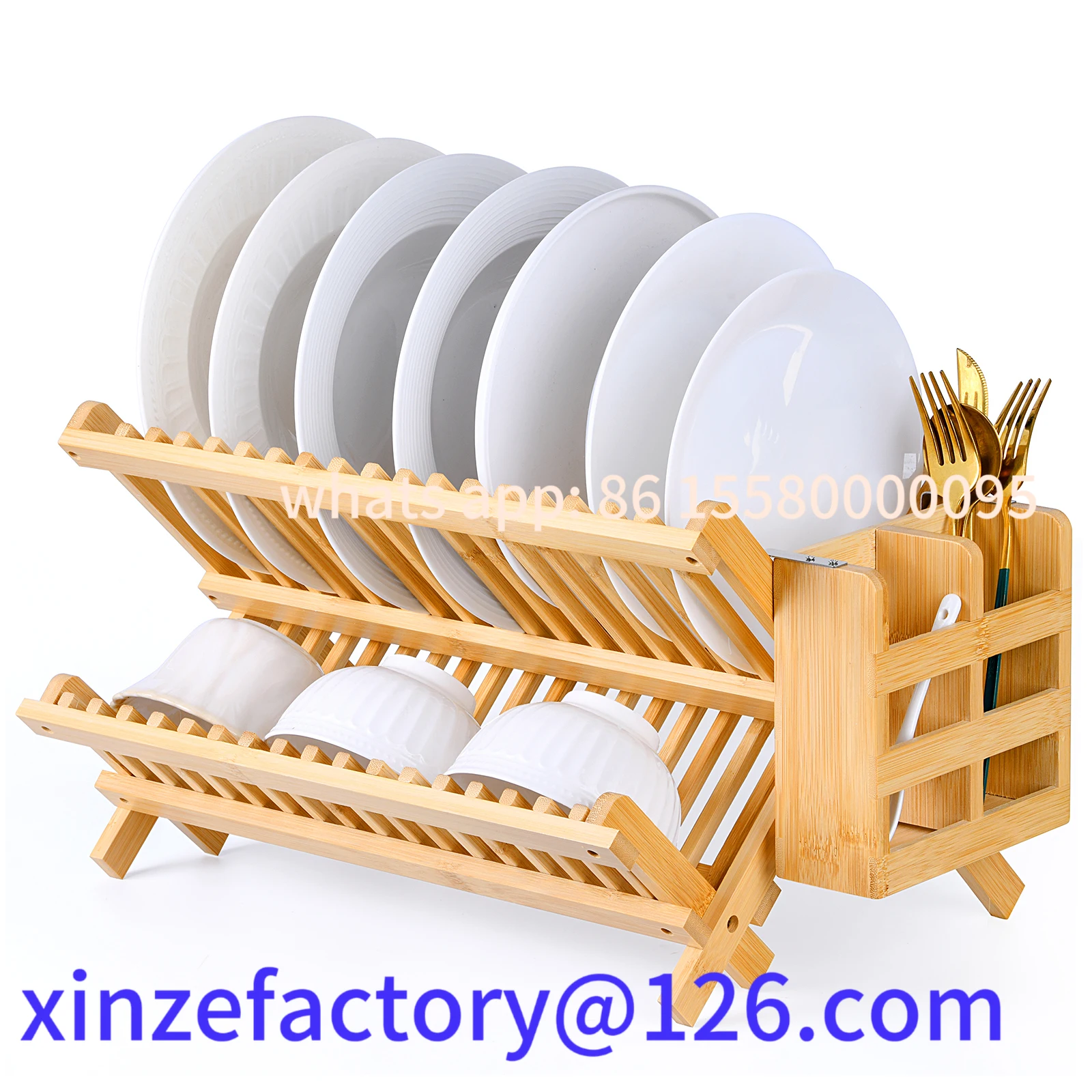 

Customizable Collapsible 2-Tier Bamboo Dish Drying Rack – Foldable Wooden Dish Drainer with Utensil Holder